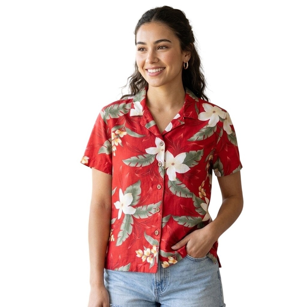 Caribbean Joe Womens Red Tropical Floral Rayon Hawaiian Camp Shirt Size Large